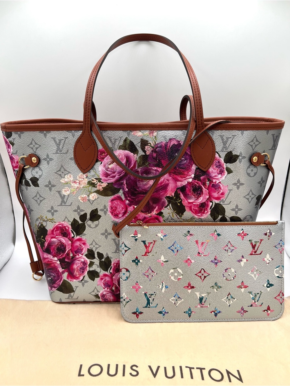 LOUIS VUITTON NEVERFULL MM GARDEN FLOWER ROSES SILVER Metallic BAG Pouch RARE😍🔥